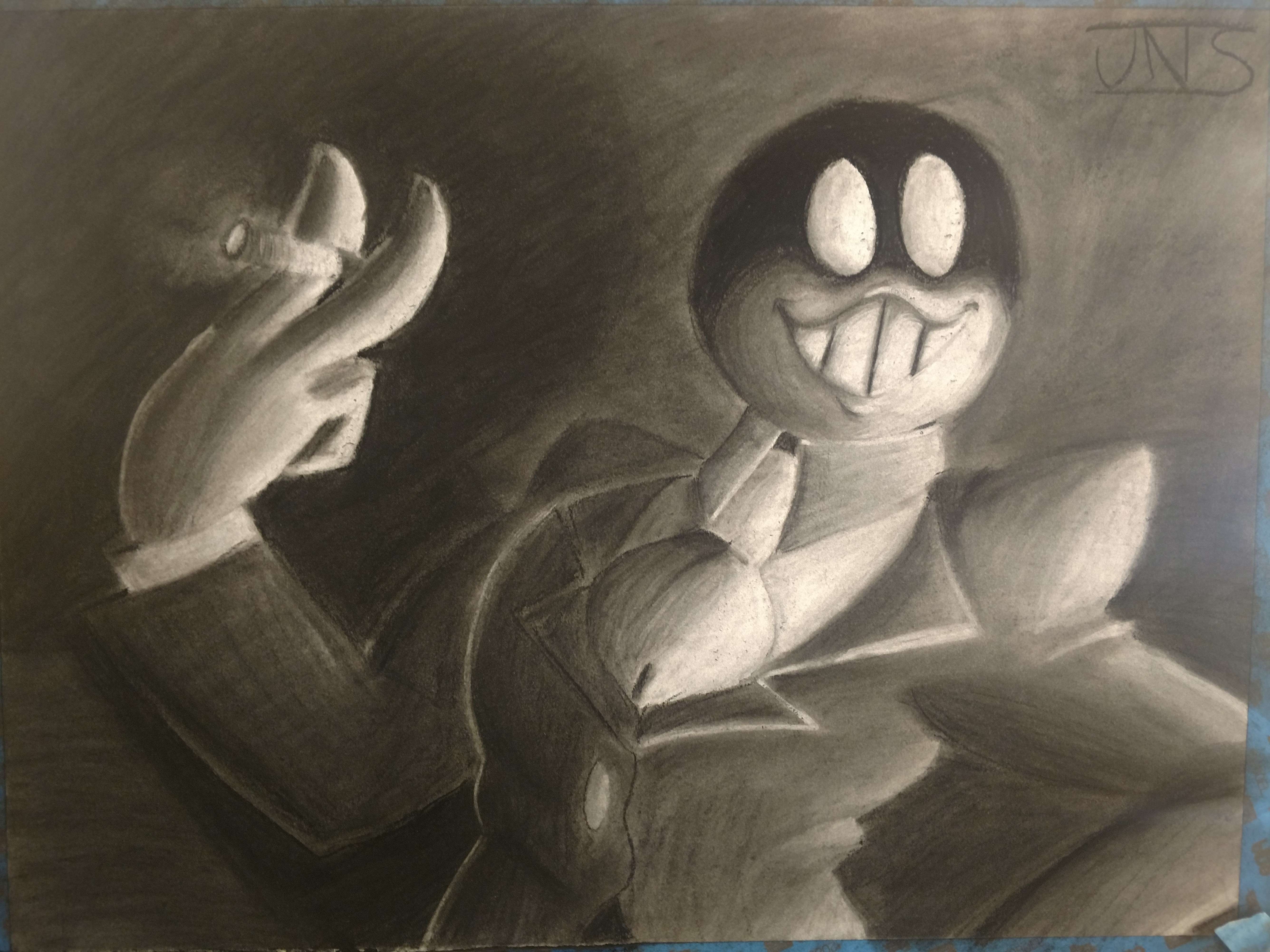 Charcoal illustration of a suited cartoon figure with a cigar in his hand