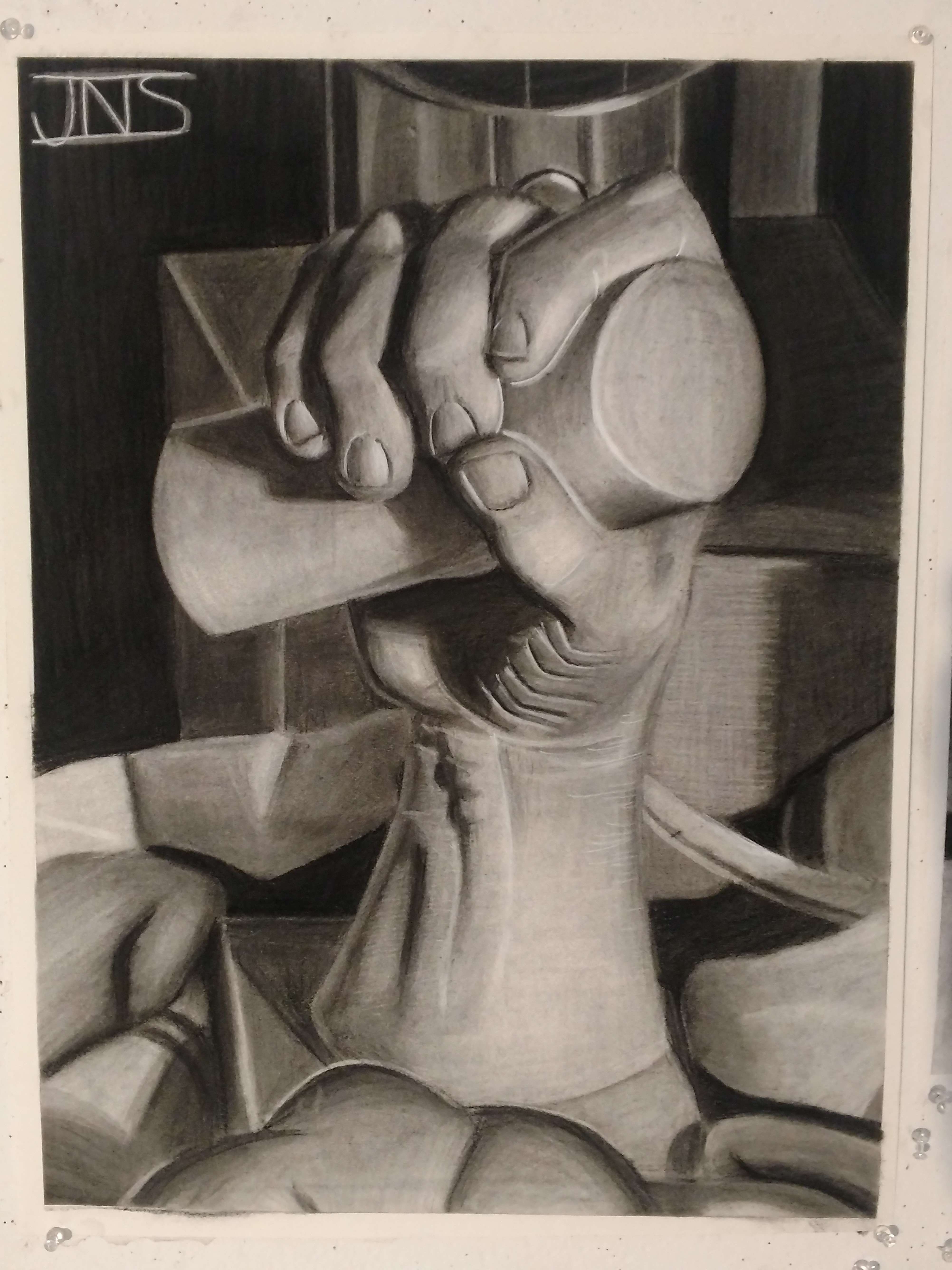 Charcoal illustration of a still life focused on a sculpture of a realistic hand grabbing a cylinder