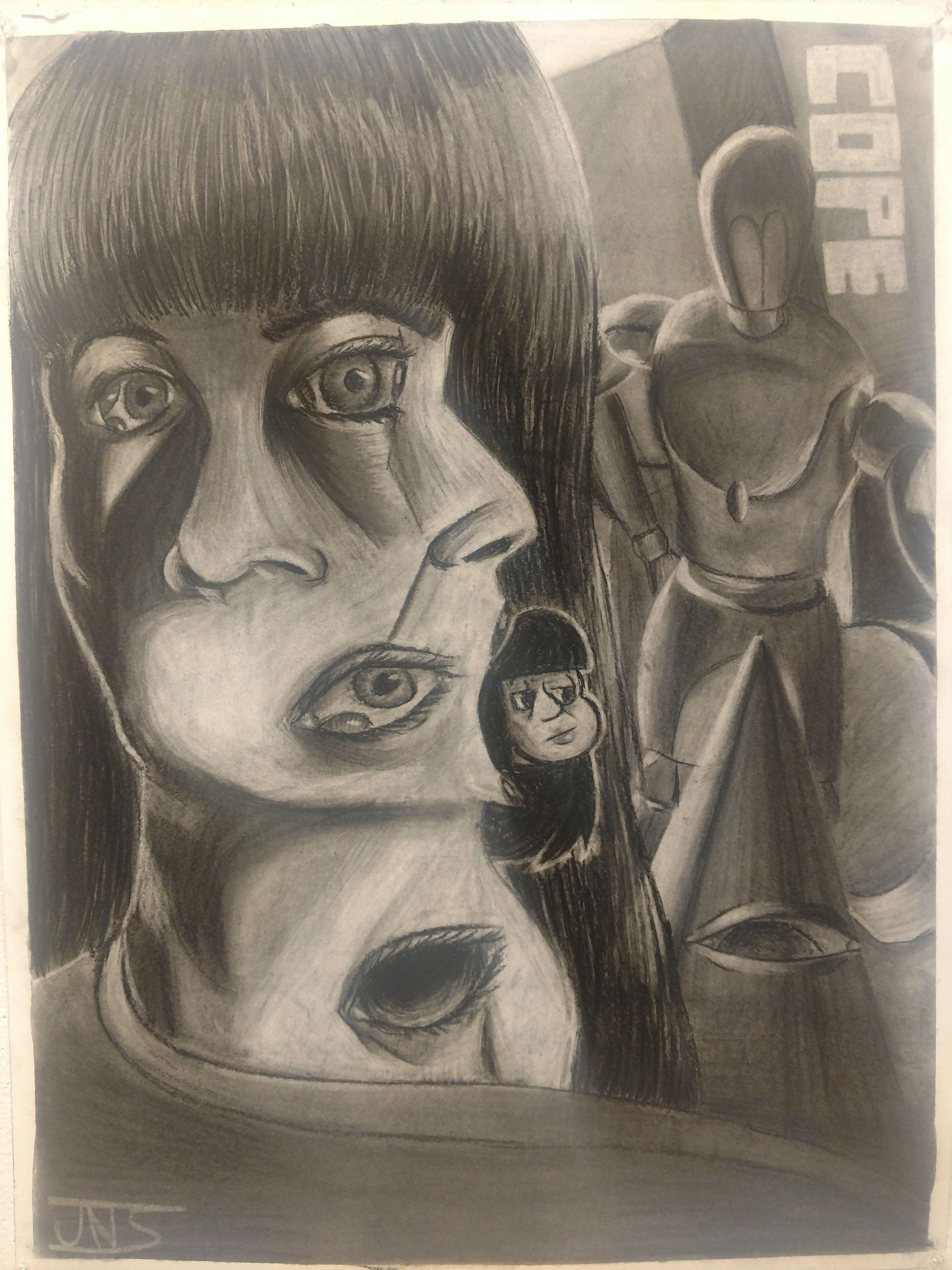 Charcoal illustration of a self-portrait but distorted with various faces and eyes. Features a mannequin and the words 'COPE' above its head.