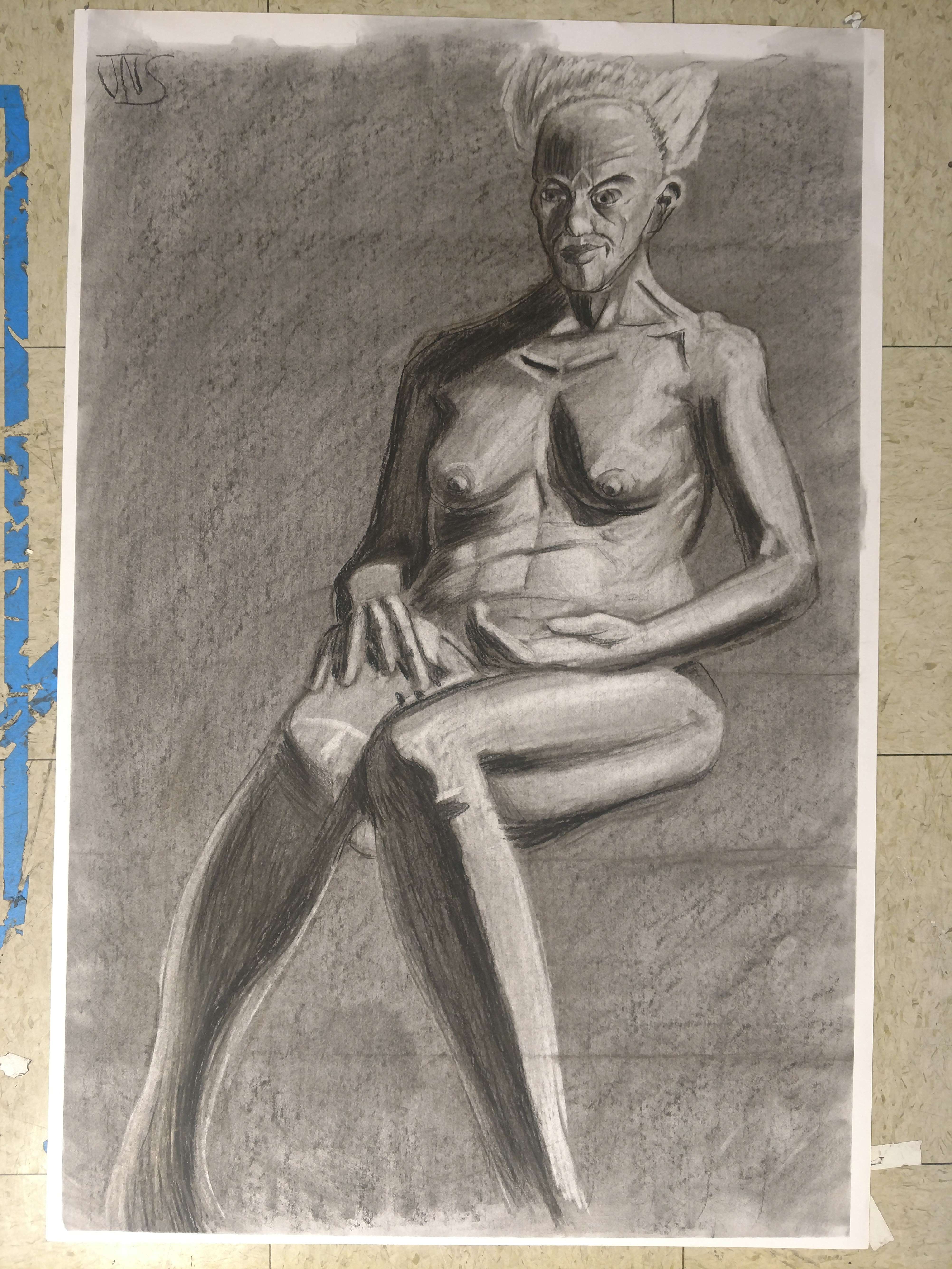 Charcoal illustration of a nude figure sitting while facing the viewer at a quarter angle.