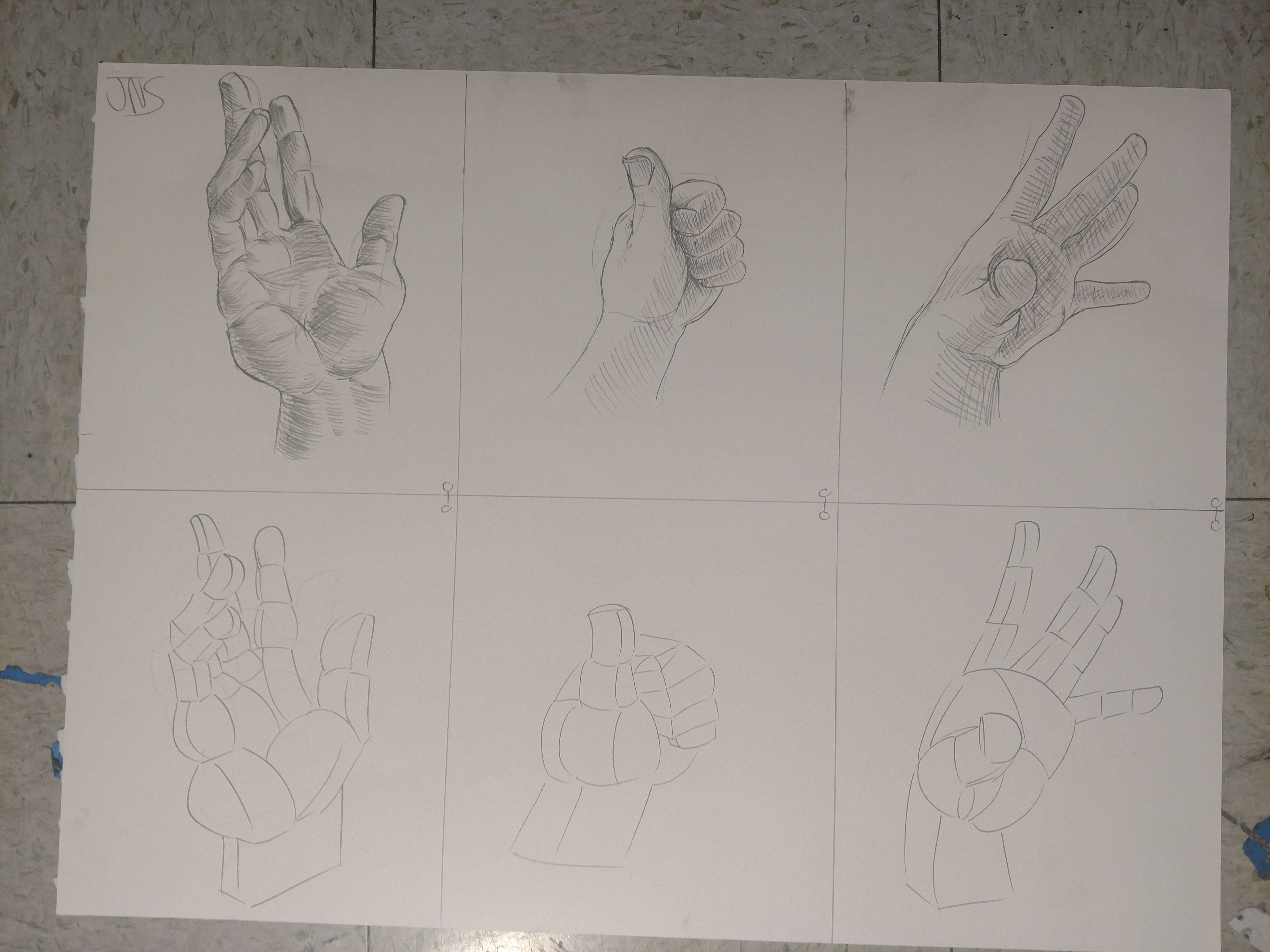 Pencil sketch of various hand poses.