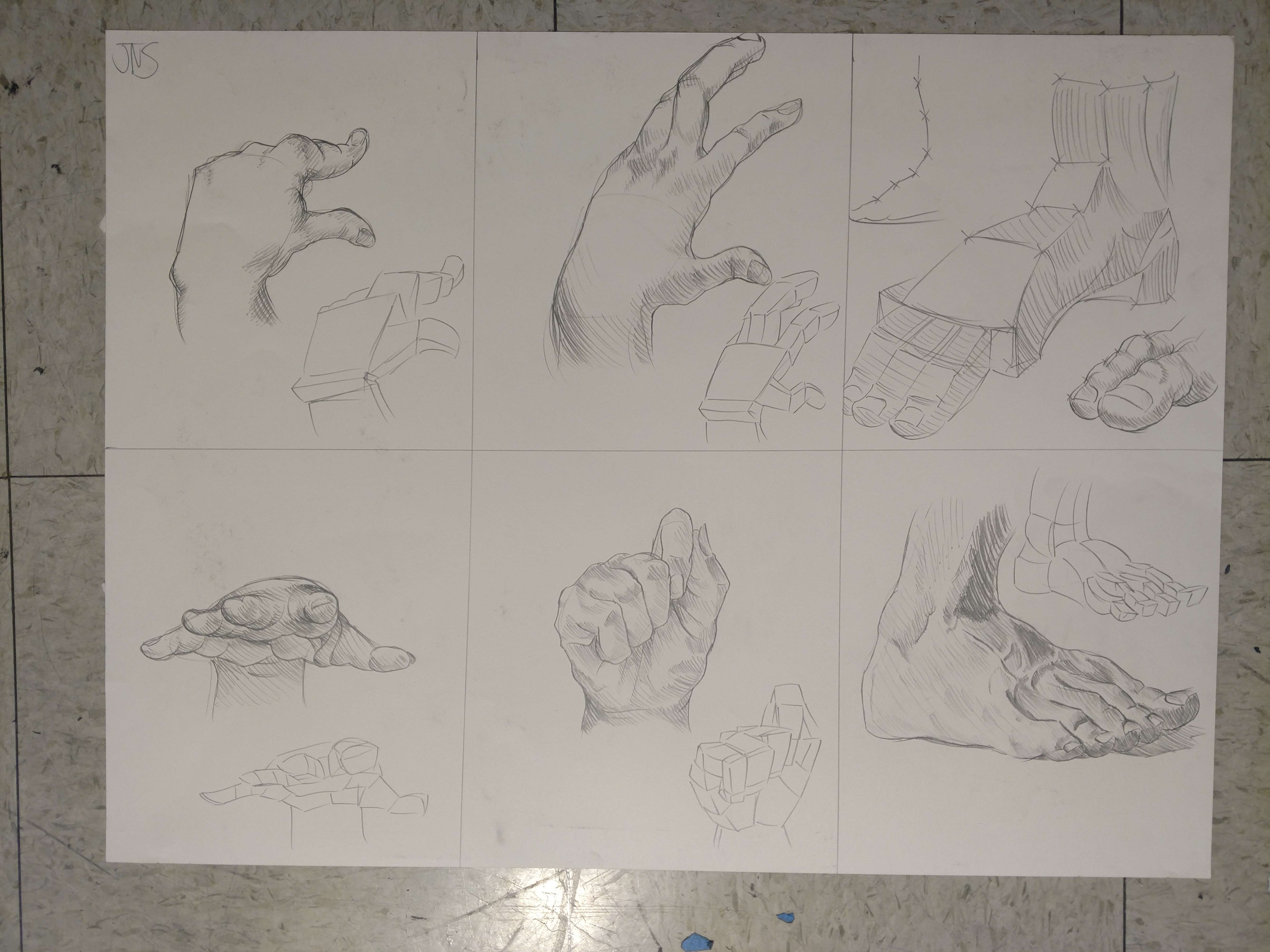 Pencil sketch of more hands, as well as feet.