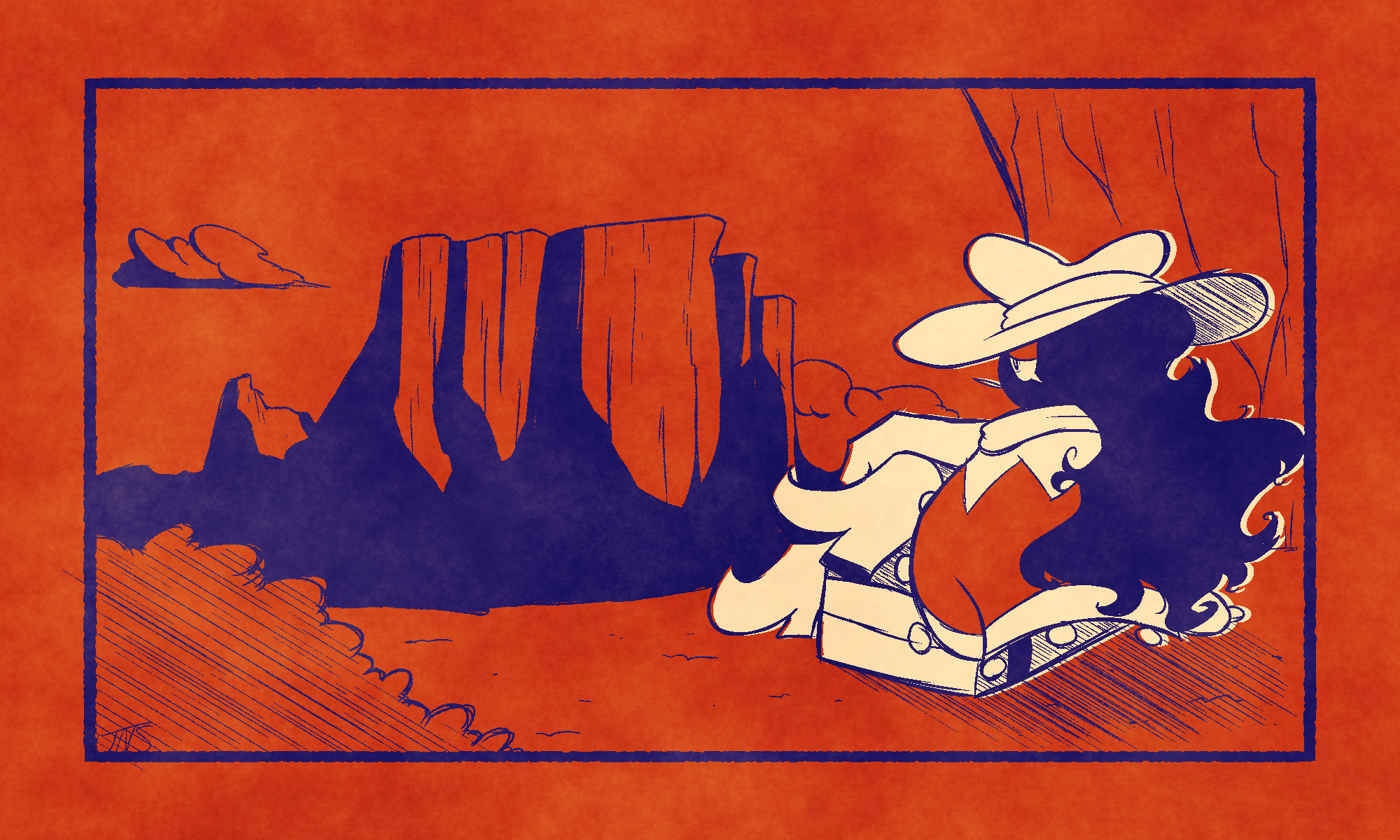 A silhouette humanoid dressed in cowboy attire sits on a briefcase and admires the view of tall red mountains in the distance.