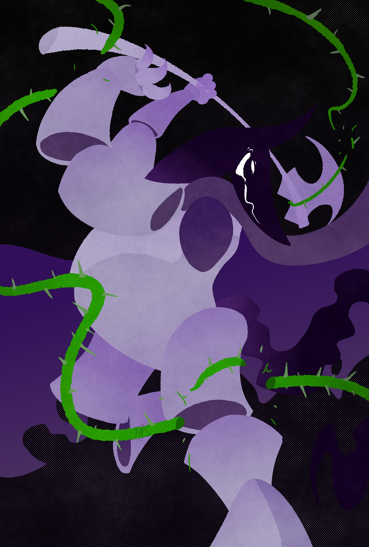 A non-human knight strikes the viewer with a large axe, and slices apart thorny vines in its wake.