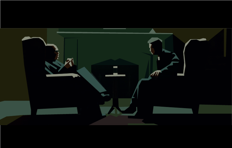 A recreation of a scene from The Matrix with Neo and Morbious sitting in a dark room, but in a geometric style with limited colors