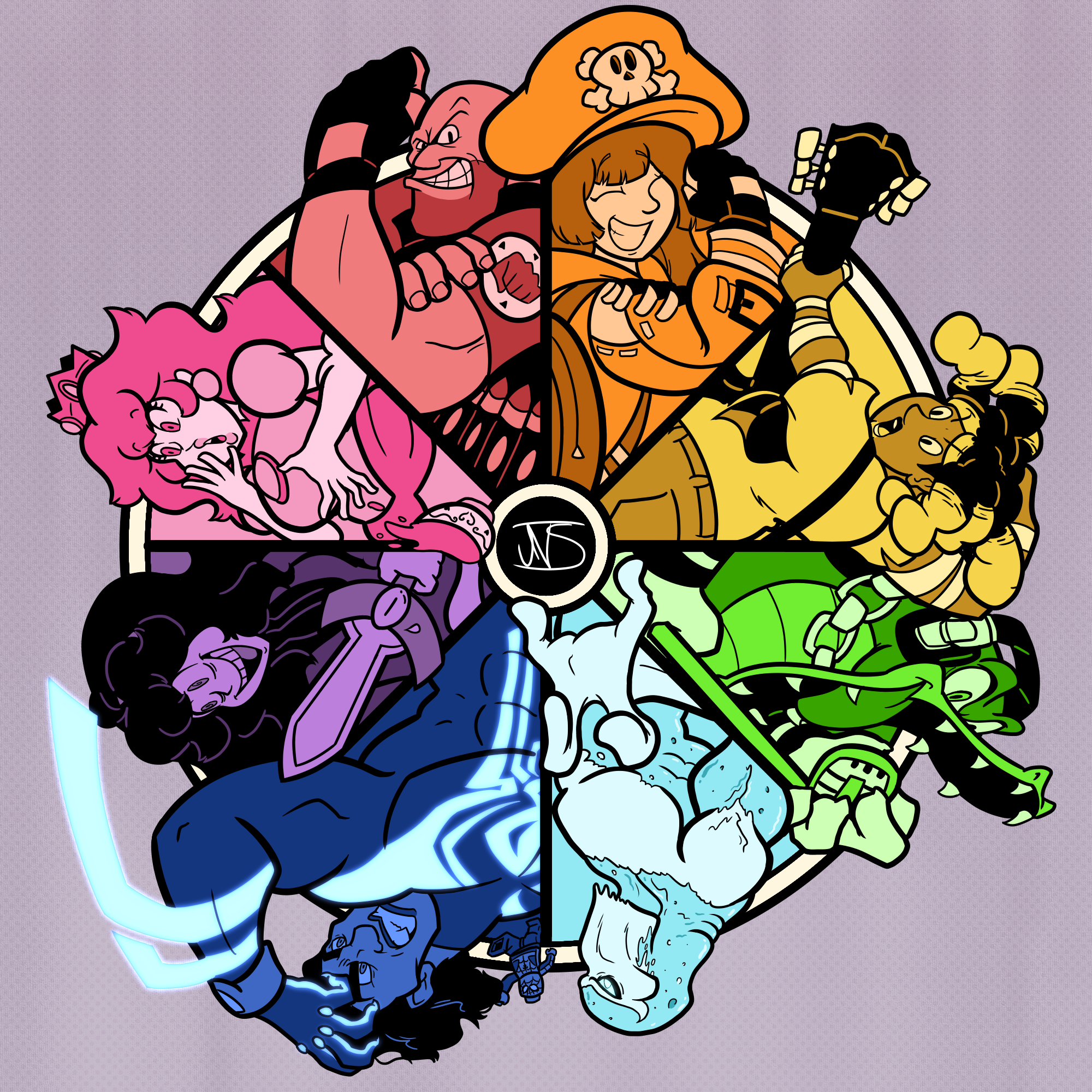 Various characters arranged in a circle with a corresponding color. Heavy Weapons Guy, May, Cherry Hunter, Vector the Crocodile, Glacius, Spider-Man 2099, Hex Maniac and Princess Peach are all present.