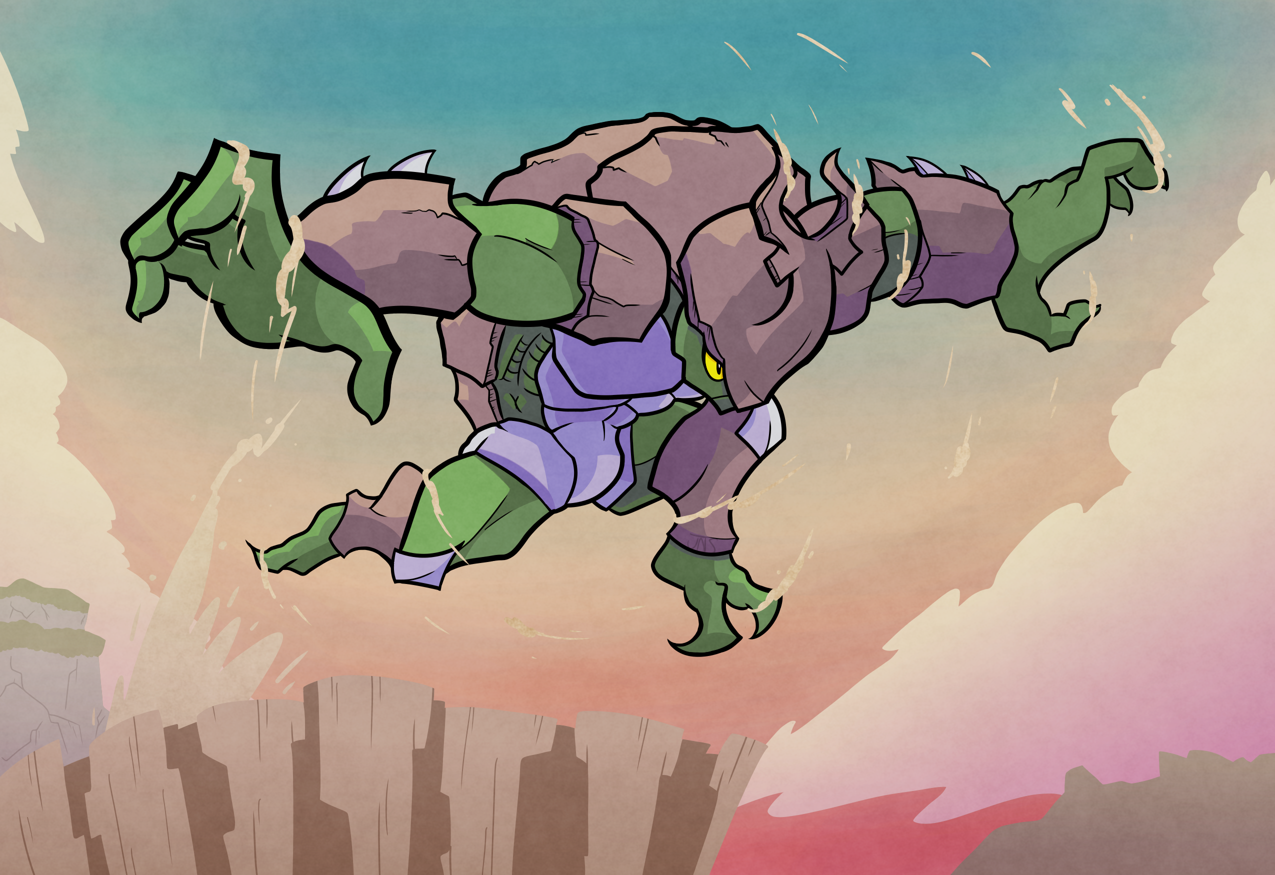 Kragg from Rivals of Aether rolling off of a cliffside and emerging from rolling into a jump.