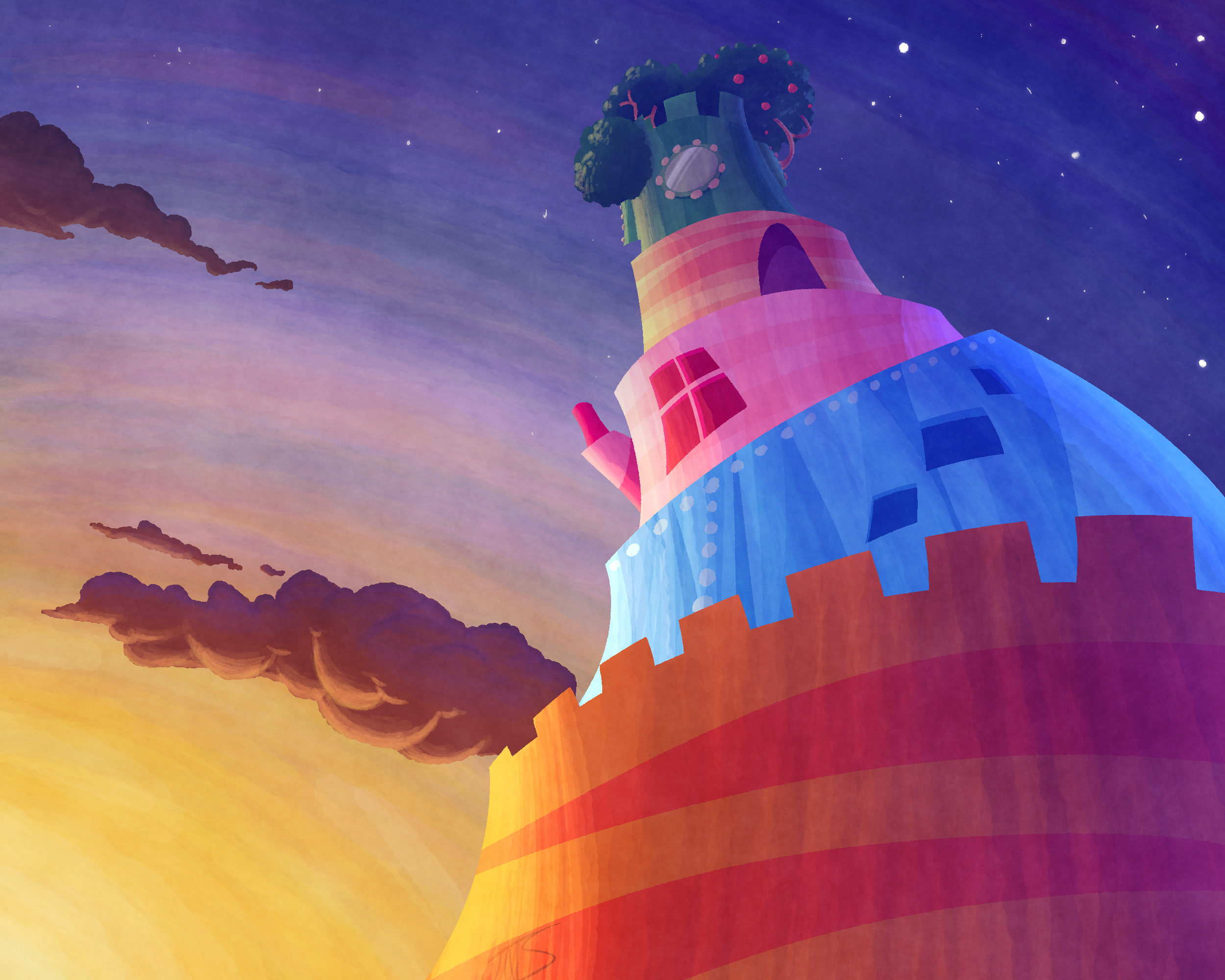 A view of a colorful, multi-patterned tower that dwarfs the viewer admist the sunset.