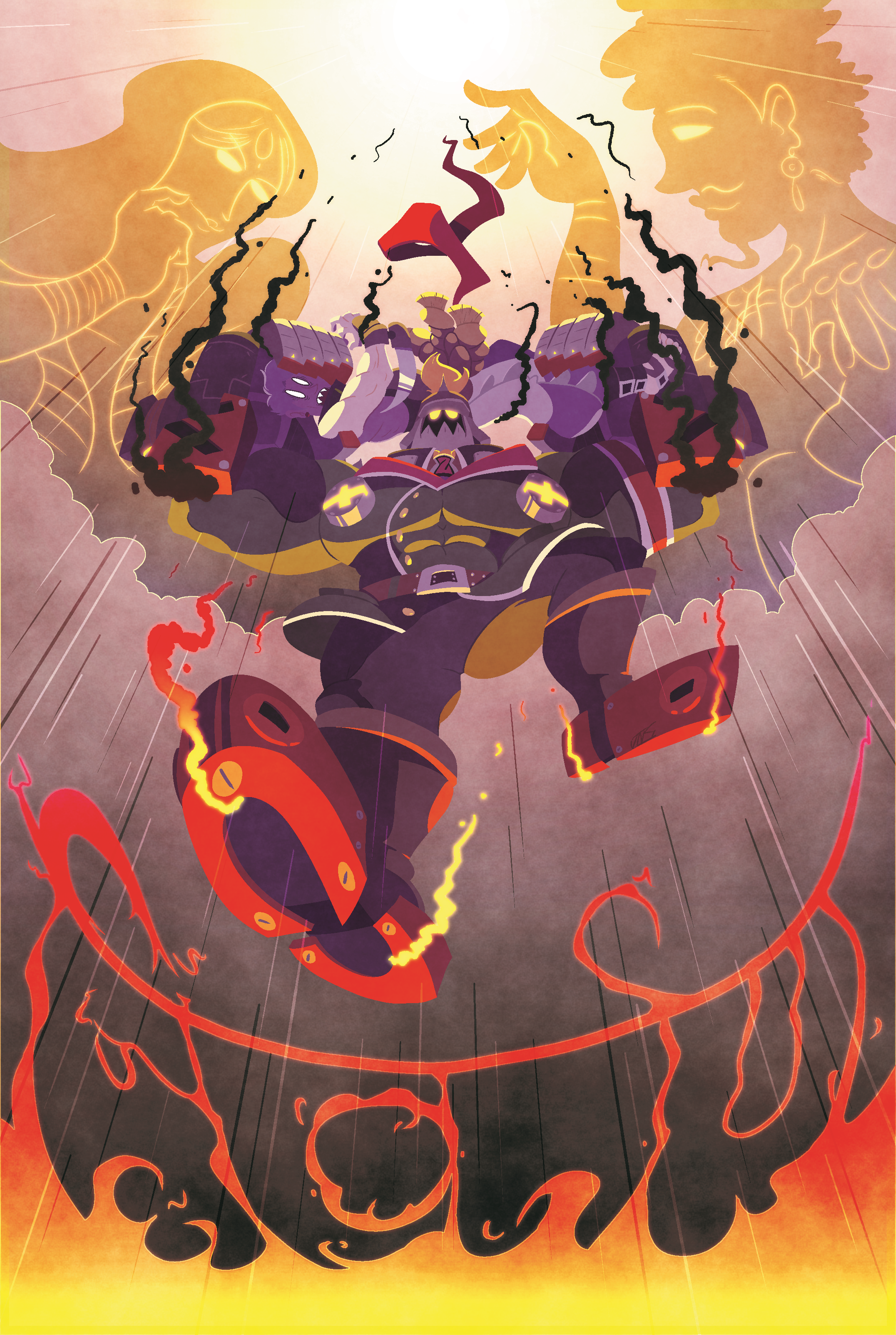 A hulking soldier carrying a small ninja in his arms, about to drop down from the literal Heavens with a backbreaker that is sure to be fatal.