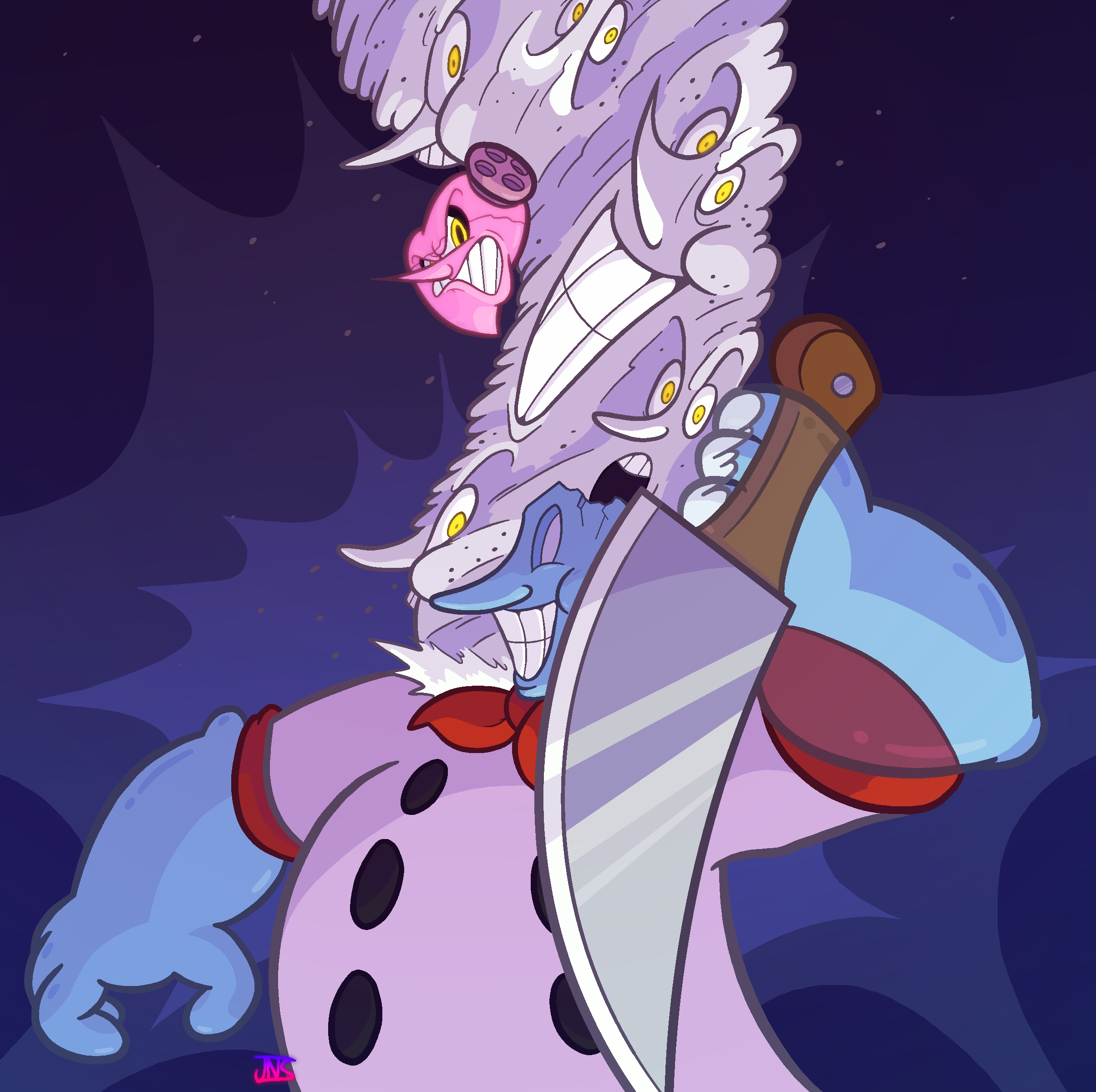 Chef Saltbaker from Cuphead's DLC brandishing a knife with his head erupting into salt pillars