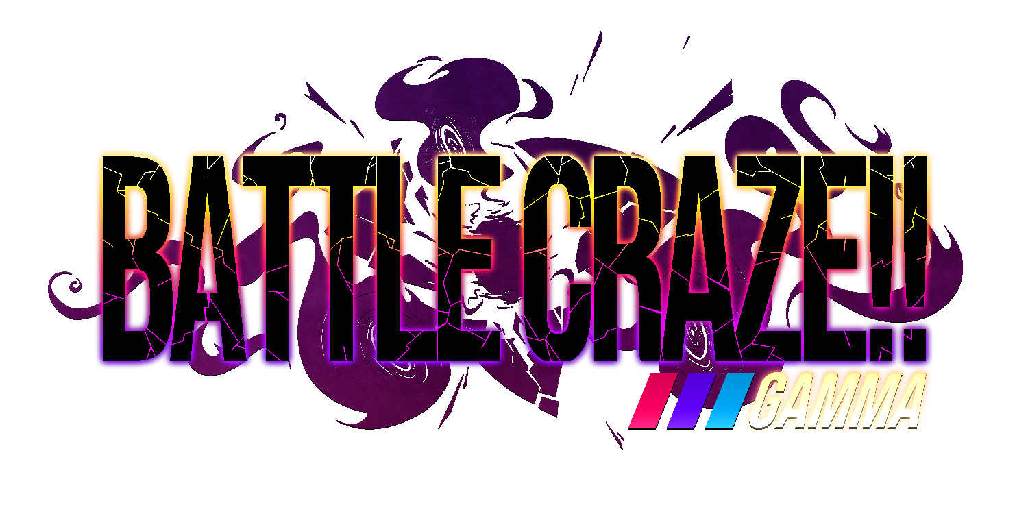 A logo featuring the text 'BATTLE CRAZE!! GAMMA' thats broken apart with cracks. The text glows with different colors and overtakes a graphic behind it depicting a triangular monolith being broken apart by fiery eyes.