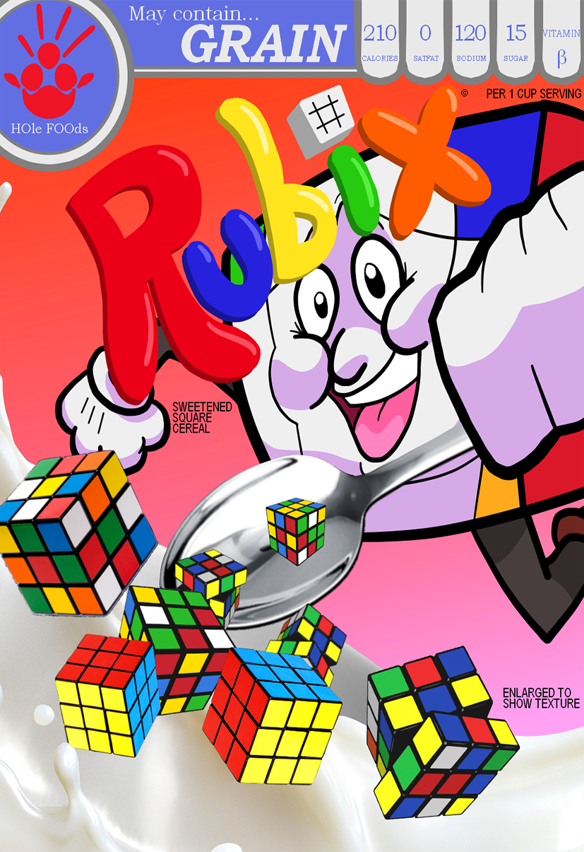 Fake cereal cover for a Rubix-cube themed cereal, complete with mascot