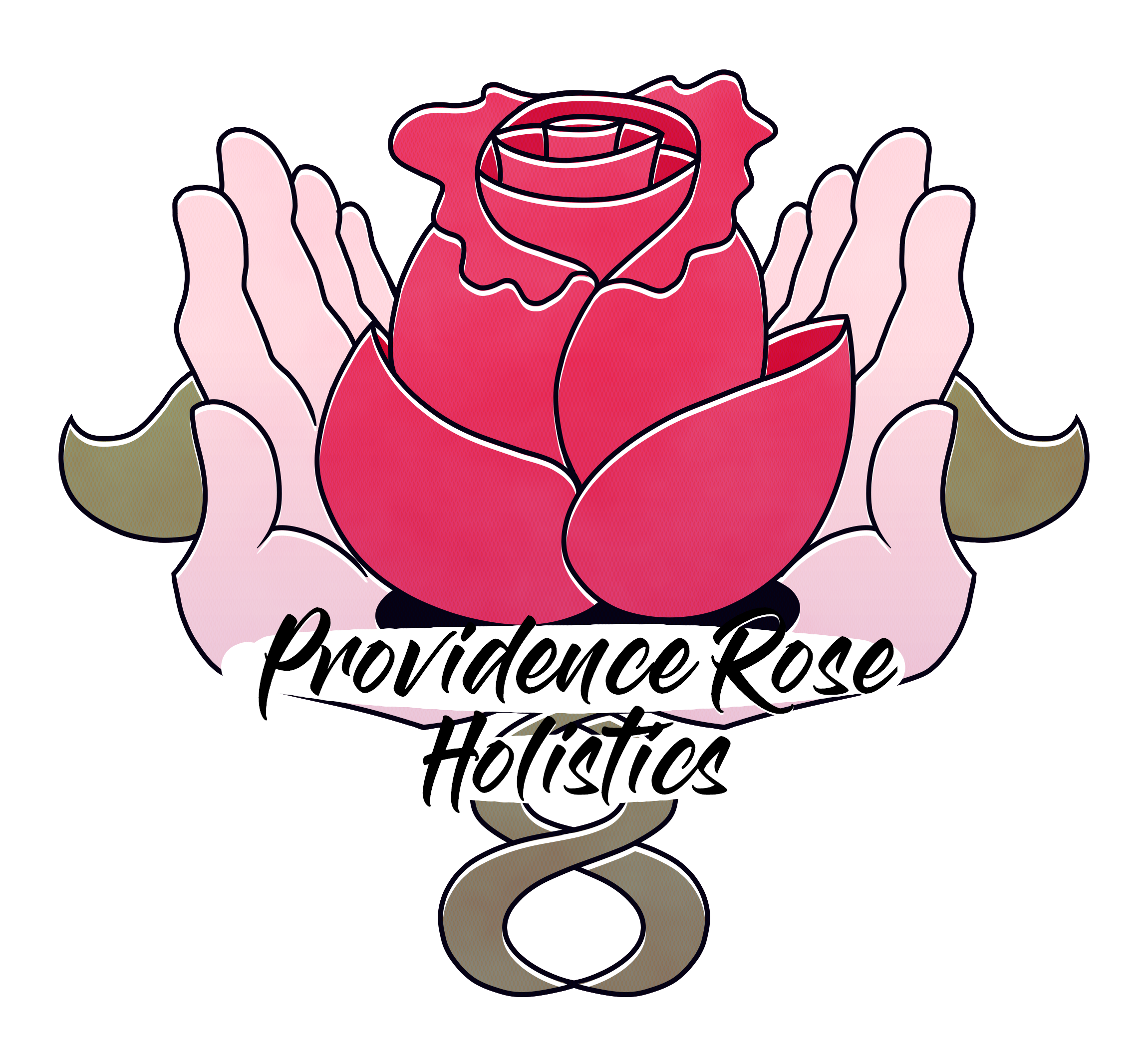 A logo of a rose being cradled by hands.