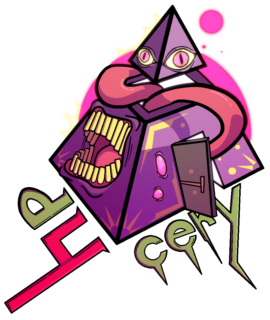 A purple pyramid with mouths, eyes and tentacles. Has text below that reads 'd4ccery'