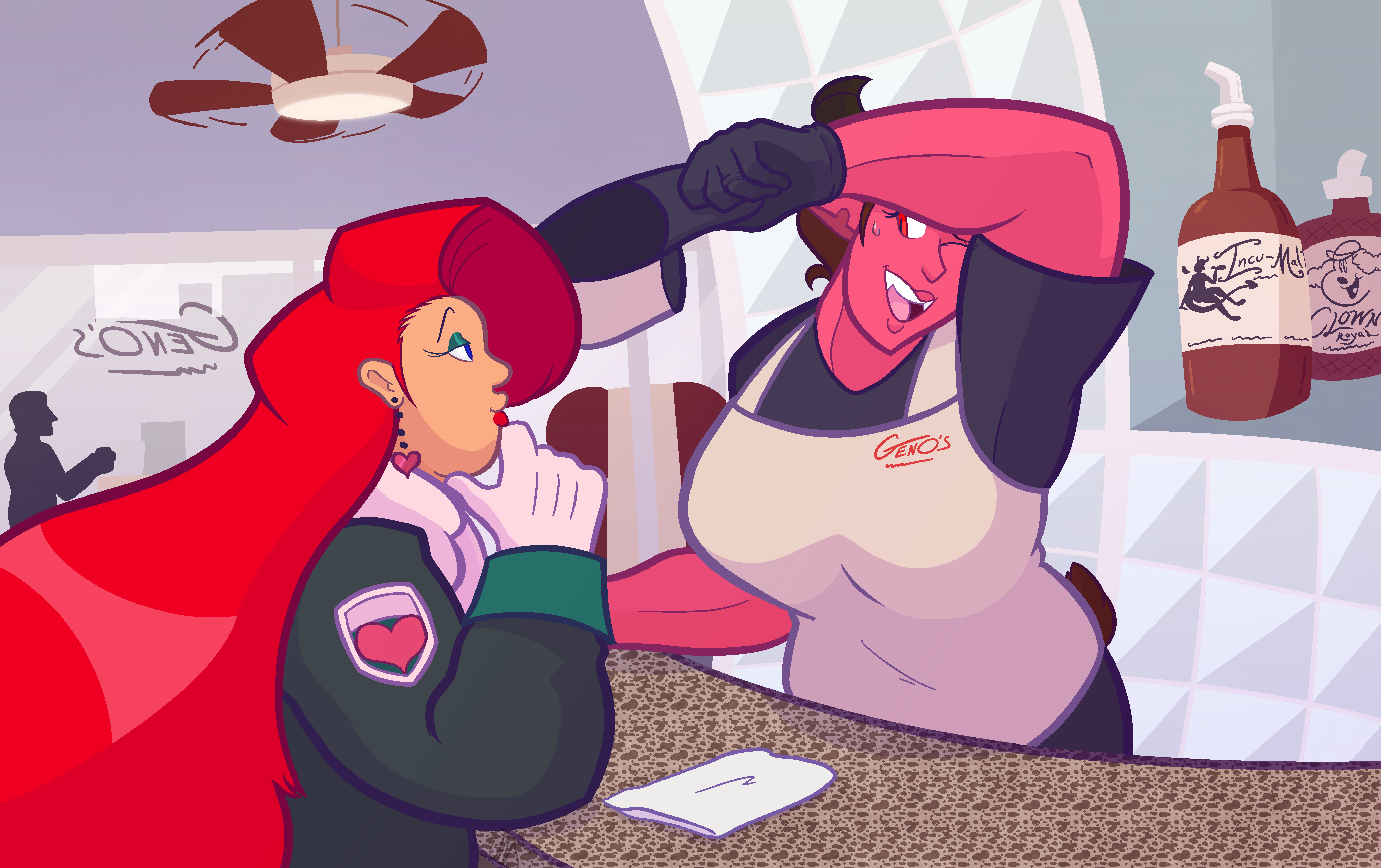 Plus size fashionable lady chatting with buff demon lady at a diner