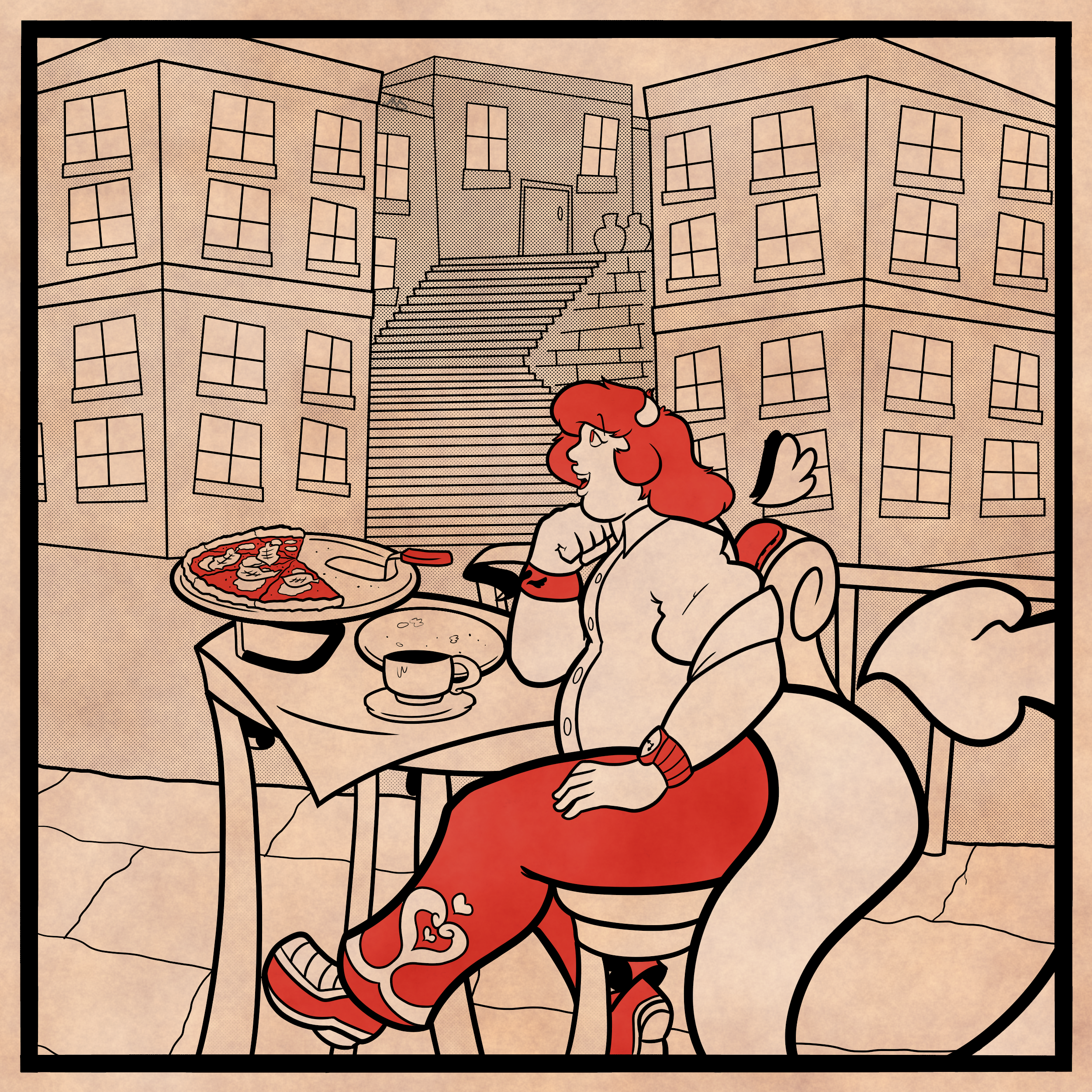 Plus size concubus enjoying pizza outside of an Italian restaurant in a beige city