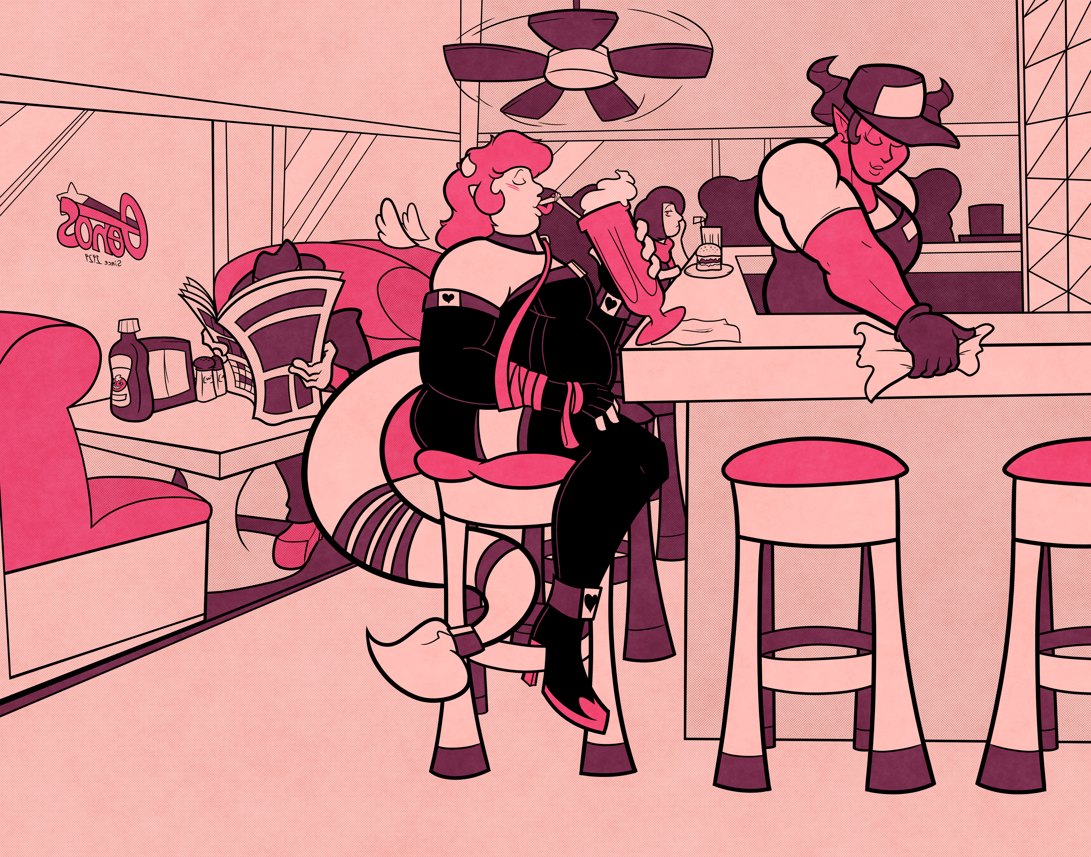 Plus size concubus enjoying a milkshake at a diner with various other figures in a monotone pink style