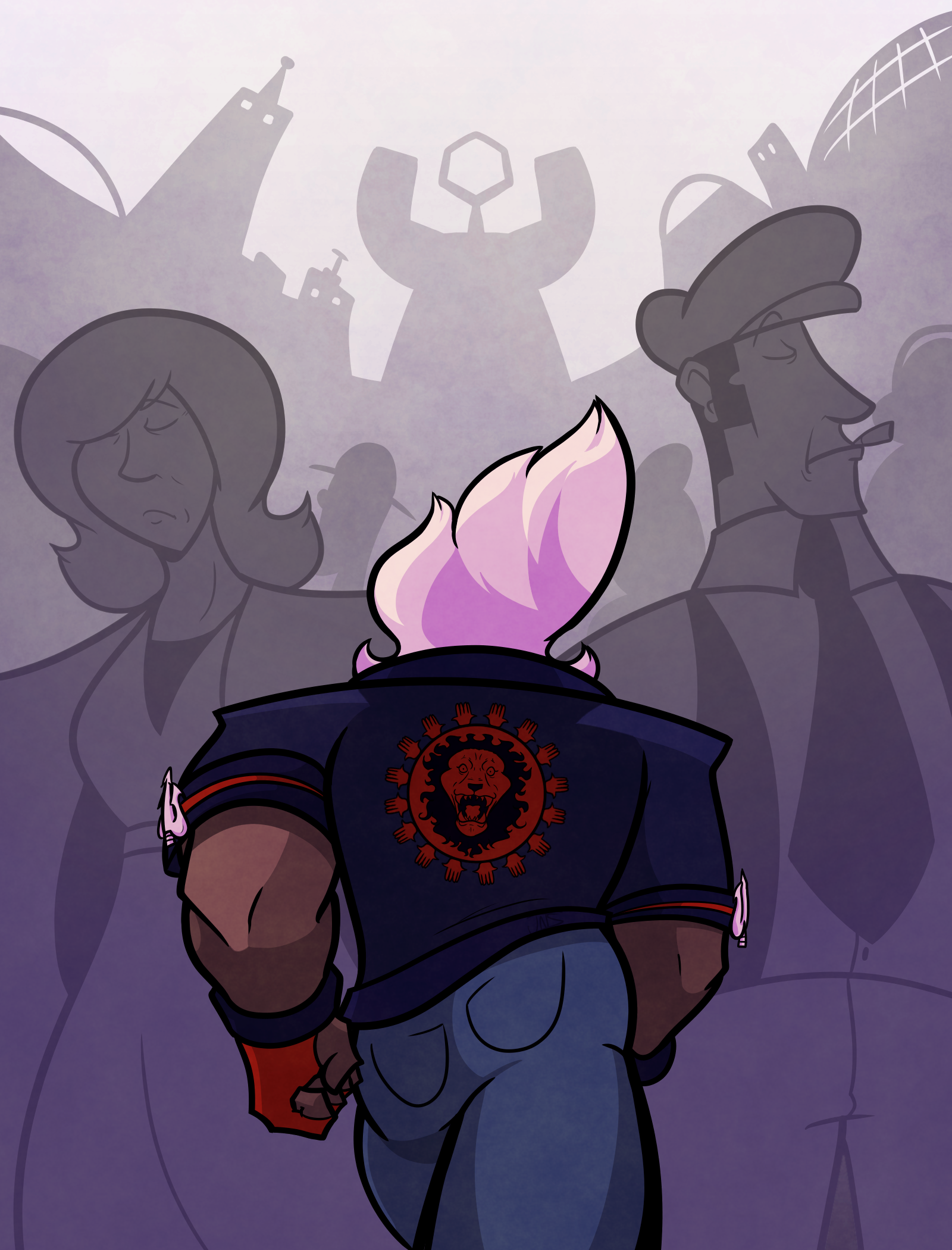 An indian man with back turned to the camera and leather coat walks into a strange and futuristic city through a disinterested crowd.